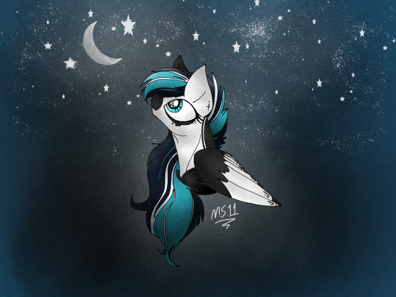 Size: 1024x768 | Tagged: safe, artist:melonseed11, derpibooru import, oc, oc:midnight river, unofficial characters only, pegasus, pony, bust, female, mare, moon, portrait, solo, stars