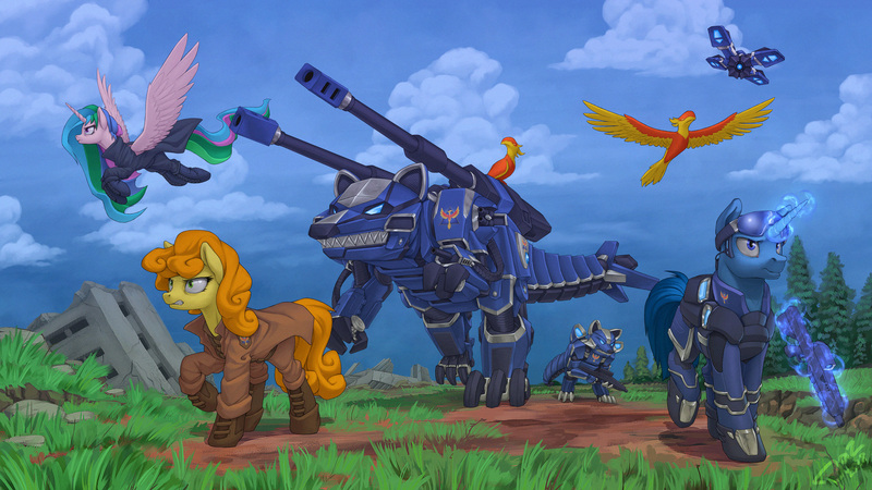 Size: 2500x1407 | Tagged: safe, artist:1jaz, derpibooru import, carrot top, golden harvest, philomena, princess celestia, oc, oc:flint, alicorn, earth pony, phoenix, pony, robot, unicorn, crossover, female, flying, glowing horn, goggles, gun, machine, magic, male, mare, stallion, weapon, zoids