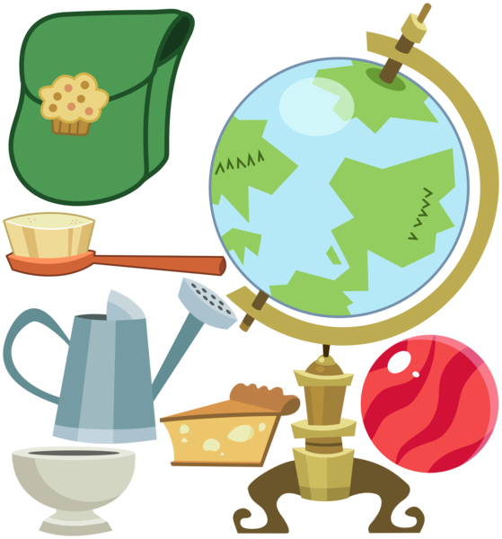 Size: 5594x6000 | Tagged: absurd resolution, artist:zutheskunk traces, ball, bowl, bowling ball, brush, cake, cake slice, cheesecake, clutter, derpibooru import, food, globe, hairbrush, muffin, no pony, object, resource, saddle bag, safe, .svg available, vector, watering can