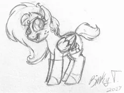 Size: 2368x1778 | Tagged: safe, artist:binkyt11, derpibooru import, oc, oc:duck badge, ponified, unofficial characters only, pegasus, pony, derpibooru, clothes, derpibooru ponified, female, freckles, mare, meta, monochrome, socks, solo, traditional art