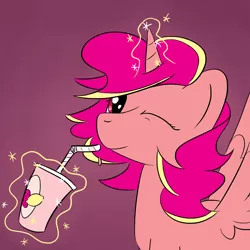 Size: 1280x1280 | Tagged: alicorn, alicorn oc, artist:phat_guy, beverage, bust, cup, derpibooru import, drink, drinking, drinking straw, drop, female, food, glowing horn, juice, lemonade, levitation, looking at you, magic, mare, oc, one eye closed, safe, simple background, smiling, solo, spread wings, straw, strawberry, telekinesis, unnamed oc, unofficial characters only, wings, wink