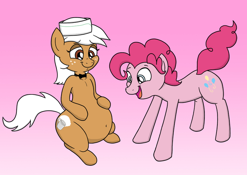 Size: 2412x1704 | Tagged: safe, artist:banebuster, derpibooru import, pinkie pie, oc, oc:beignet, earth pony, pony, bubble berry, female, mare, pregnant, rule 63, sitting