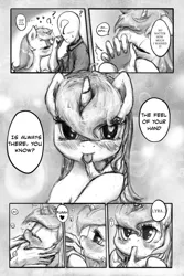 Size: 2000x3000 | Tagged: suggestive, artist:plotcore, derpibooru import, lyra heartstrings, oc, oc:anon, human, pony, unicorn, clothes, comic, drawthread, female, fetish, hand, hand fetish, human fetish, human male, human male on mare, human on pony action, interspecies, kissing, licking, male, manga, mare, monochrome, right to left, sketch, straight, that pony sure does love hands, tongue out