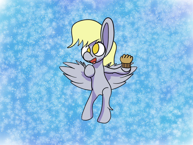 Size: 1600x1200 | Tagged: safe, artist:rafuki, derpibooru import, derpy hooves, pegasus, pony, abstract background, female, flying, food, mare, muffin, no pupils, shading, solo