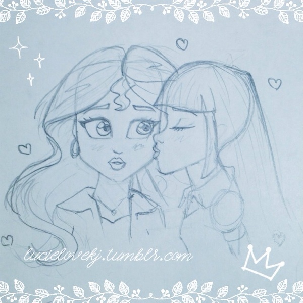 Size: 640x640 | Tagged: safe, artist:lucielovekj, derpibooru import, sunset shimmer, twilight sparkle, equestria girls, blushing, eyes closed, female, heart, kiss on the cheek, kissing, lesbian, shipping, sketch, sunsetsparkle