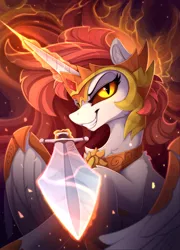 Size: 1750x2425 | Tagged: safe, artist:yakovlev-vad, derpibooru import, daybreaker, alicorn, pony, armor, colored sclera, crown, evil eyes, evil grin, female, fire, glare, glow, glowing horn, grin, high res, imminent death, impending doom, jewelry, levitation, lidded eyes, looking at you, magic, mare, rearing, regalia, smiling, smirk, solo, spread wings, sword, telekinesis, this will end in death, this will end in pain, this will end in tears and/or death, weapon, wings