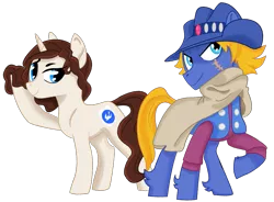 Size: 1111x817 | Tagged: safe, artist:dbkit, derpibooru import, oc, oc:accel, oc:stamp, unofficial characters only, earth pony, pony, unicorn, cape, clothes, commission, hat, scar, simple background, transparent background