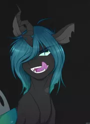 Size: 832x1150 | Tagged: safe, artist:higgly-chan, derpibooru import, queen chrysalis, changeling, changeling queen, changeling king, female, king metamorphosis, licking, licking lips, rule 63, simple background, smiling, solo, tongue out