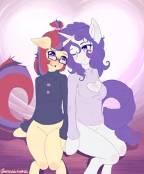 Size: 500x605 | Tagged: safe, artist:sagasshi, derpibooru import, moondancer, rarity, anthro, unicorn, arm hooves, blushing, bottomless, breasts, busty rarity, cleavage, cleavage window, clothes, crack shipping, female, floppy ears, glasses, holding hooves, keyhole turtleneck, lesbian, one eye closed, open mouth, partial nudity, raridancer, shipping, sweater, turtleneck, wink