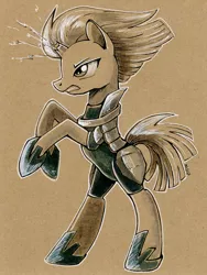 Size: 600x800 | Tagged: safe, artist:maytee, derpibooru import, tempest shadow, pony, unicorn, my little pony: the movie, armor, broken horn, gritted teeth, magic, partial color, rearing, sepia, sparking horn, traditional art
