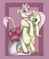 Size: 930x1100 | Tagged: safe, artist:tailbiter, derpibooru import, fluttershy, big cat, lion, pony, duo, holding a pony, wingless