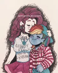 Size: 1024x1280 | Tagged: :3, artist:saminamina, blushing, cap, clothes, derpibooru import, eyes closed, female, hat, human, humanized, lesbian, pony coloring, rainbow dash, raridash, rarity, safe, shipping, smiling, traditional art