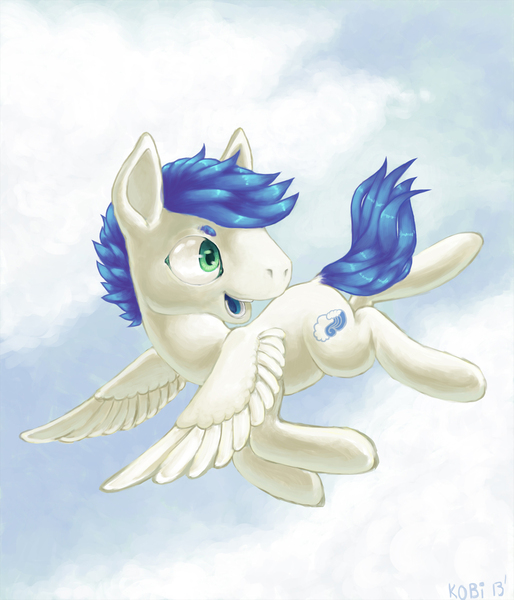 Size: 1200x1400 | Tagged: safe, artist:flyingkitterz, derpibooru import, oc, oc:cloud surfer, unofficial characters only, pegasus, pony, flying, looking back, male, ponysona, solo, stallion