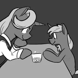 Size: 700x700 | Tagged: safe, artist:goat train, deleted from derpibooru, derpibooru import, oc, oc:mixi, oc:star bright, unofficial characters only, pony, unicorn, bar, grayscale, monochrome, size difference, smiling