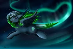 Size: 2717x1824 | Tagged: safe, artist:pridark, derpibooru import, oc, oc:midnight aura, unofficial characters only, pegasus, pony, aurora borealis, commission, female, flying, looking at you, mare, night, night sky, signature, sky, smiling, solo, spread wings, starry night, stars, wings