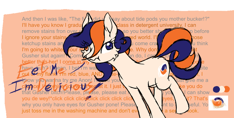 Size: 3584x1813 | Tagged: safe, artist:enigmatic otaku, artist:ravvij, derpibooru import, oc, oc:tide pod, ponified, unofficial characters only, earth pony, object pony, original species, pony, cheek fluff, crossover, delicious, derp, dialogue, english, engrish, fanart, female, food, heterochromia, insanity, mare, meme, mistake, my little pony, pod, purple, solo, sonic the hedgehog (series), speech, swearing, text, tide, tide pods, tide pony, ugandan knuckles, vulgar, wall eyed, wall of text