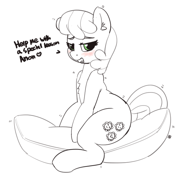 Size: 4235x4126 | Tagged: questionable, artist:pabbley, derpibooru import, cheerilee, pony, absurd resolution, bedroom eyes, chest fluff, dialogue, ear fluff, female, grayscale, heart eyes, implied anon, looking at you, mare, monochrome, open mouth, partial color, pillow, pillow humping, sitting, solo, solo female, talking to viewer, wingding eyes