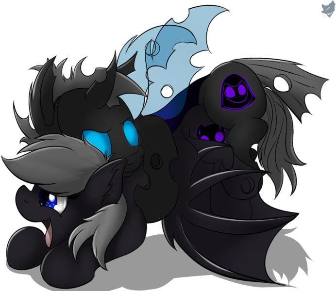 Size: 1500x1300 | Tagged: questionable, artist:cloufy, derpibooru import, oc, oc:shadow mute, unofficial characters only, bat pony, changeling, bat pony oc, changeling oc, horn, hug, open mouth, tongue out, wings