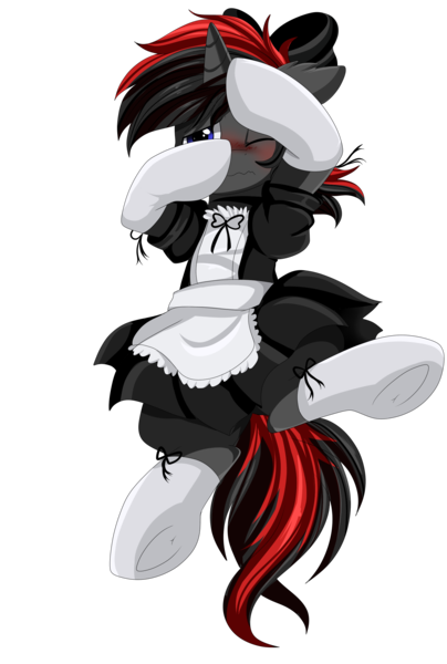 Size: 2008x2983 | Tagged: safe, artist:pridark, derpibooru import, oc, oc:shadow dash, unofficial characters only, pony, blushing, clothes, commission, crossdressing, embarrassed, maid, male, simple background, transparent background