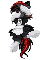 Size: 2008x2983 | Tagged: safe, artist:pridark, derpibooru import, oc, oc:shadow dash, unofficial characters only, pony, blushing, clothes, commission, crossdressing, embarrassed, maid, male, simple background, transparent background