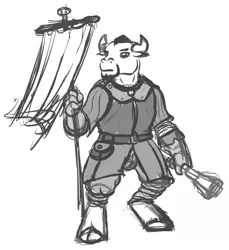 Size: 1150x1254 | Tagged: armor, artist:velgarn, concept art, derpibooru import, gambeson, mace, male, minotaur, monochrome, oc, safe, seeds of harmony, sketch, solo, standard bearer, unofficial characters only, weapon