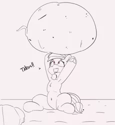 Size: 1280x1391 | Tagged: safe, artist:pabbley, derpibooru import, oc, oc:tater trot, unofficial characters only, pony, 30 minute art challenge, armpits, belly button, chest fluff, dialogue, food, monochrome, partial color, potato, sitting, solo, underhoof