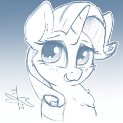 Size: 1200x1200 | Tagged: safe, artist:malwinters, derpibooru import, rarity, pony, unicorn, bust, chest fluff, female, gradient background, mare, monochrome, portrait, sketch, solo