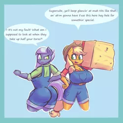 Size: 3000x3000 | Tagged: anthro, applejack, applestone, artist:funble, art trade, ass, big breasts, blue background, breasts, busty applejack, clothes, derpibooru import, dialogue, female, hay bale, huge breasts, large butt, lesbian, limestone pie, looking back, open mouth, shipping, simple background, speech bubble, suggestive, the ass was fat