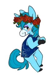 Size: 960x1386 | Tagged: safe, artist:slightinsanity, derpibooru import, oc, oc:julian, unofficial characters only, semi-anthro, unicorn, bedroom eyes, blushing, clothes, floral head wreath, flower, horn, rose, simple background, transparent background, unicorn oc, unshorn fetlocks