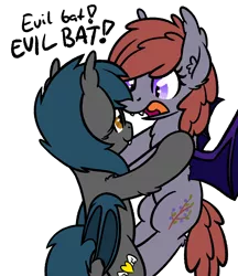 Size: 1608x1860 | Tagged: safe, artist:moemneop, derpibooru import, oc, oc:lukida, oc:speck, unofficial characters only, bat pony, pony, bat pony oc, holding a pony, screaming, simple background, smiling, speech, transparent background