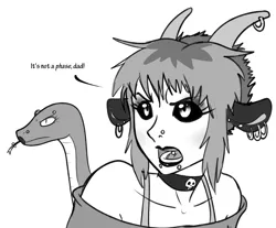 Size: 1060x876 | Tagged: artist:dj-black-n-white, choker, derpibooru import, female, goth, grayscale, jewelry, lipstick, monochrome, oc, oc:kimmy and mera, offspring, parent:chimera sisters, piercing, probably solo, safe, satyr, simple background, solo, unofficial characters only, white background