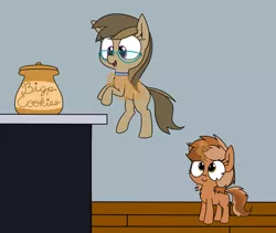Size: 1681x1416 | Tagged: safe, artist:wafflecakes, derpibooru import, oc, oc:dawnsong, oc:sign, unofficial characters only, earth pony, pony, unicorn, chest fluff, choker, cookie, cookie jar, female, filly, food, glasses, levitation, magic, magic aura, simple background, smiling, telekinesis