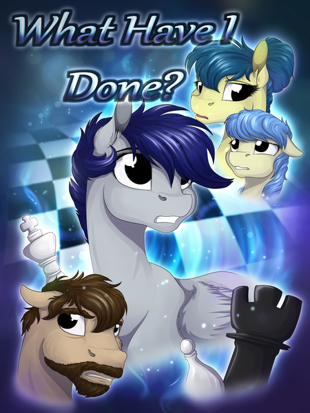 Size: 3000x4000 | Tagged: artist:lupiarts, chess, chessboard, comic, comic:what have i done, cover art, derpibooru import, oc, oc:camilla curtain, oc:chess, oc:ron nail, oc:sally, poster, safe, unofficial characters only
