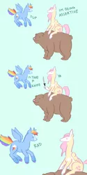 Size: 640x1280 | Tagged: safe, artist:dappledapple, derpibooru import, fluttershy, rainbow dash, bear, pegasus, pony, assertive, colored hooves, comic, dialogue, duo, female, flying, green background, hoof hold, knife, mare, ponies riding bears, simple background, socks (coat marking), unshorn fetlocks, weapon