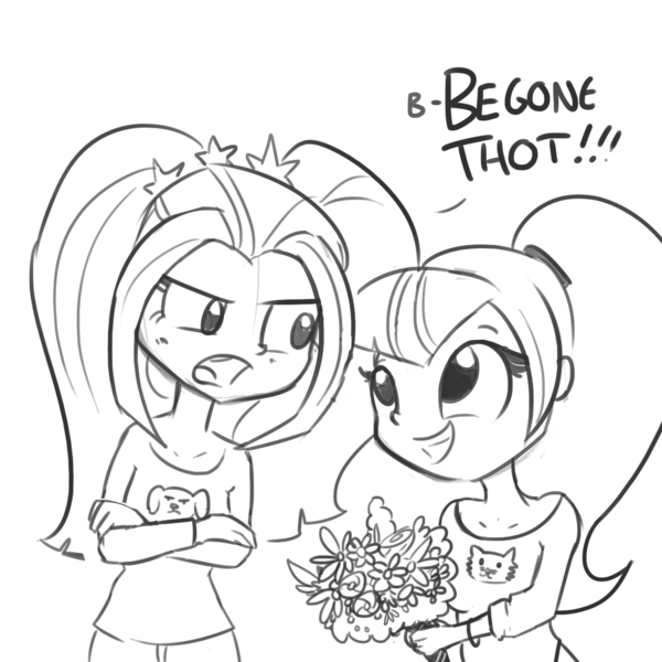 Size: 1271x1271 | Tagged: safe, artist:tjpones, derpibooru import, aria blaze, sonata dusk, equestria girls, arisona, begone thot, blushing, female, grin, lesbian, monochrome, shipping, sketch, smiling, thot, tsundaria, tsundere