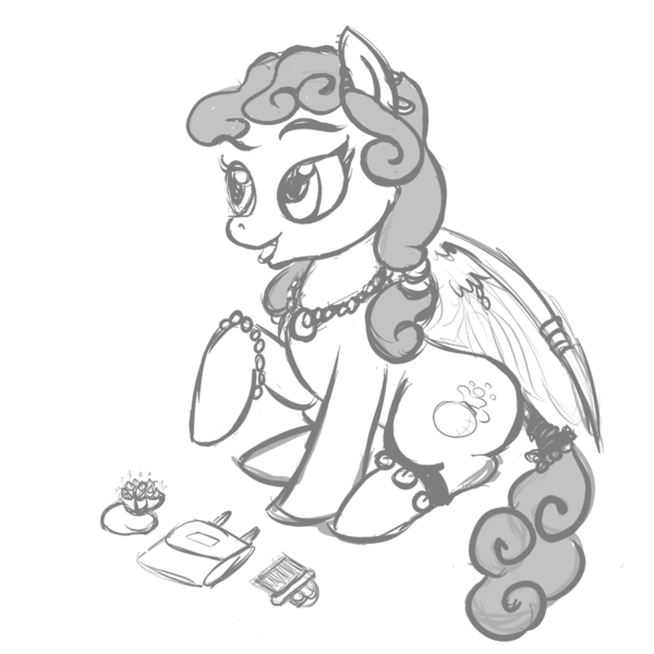 Size: 1281x1281 | Tagged: safe, artist:velgarn, derpibooru import, oc, unofficial characters only, pegasus, pony, anklet, baby blue sapphire, concept art, female, jewelry, monochrome, necklace, seeds of harmony, sitting, sketch, smiling, solo, travelling merchant