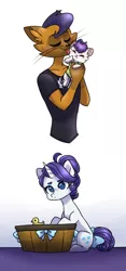 Size: 600x1282 | Tagged: safe, artist:s1nb0y, derpibooru import, capper dapperpaws, rarity, oc, abyssinian, anthro, cat, pony, unicorn, my little pony: the movie, alternate hairstyle, anthro with ponies, bathtub, capperbetes, capperity, cats doing cat things, clothes, cute, female, interspecies, interspecies offspring, licking, male, mare, offspring, parent:capper, parent:rarity, parents:capperity, rubber duck, shipping, simple background, straight, tongue out, white background