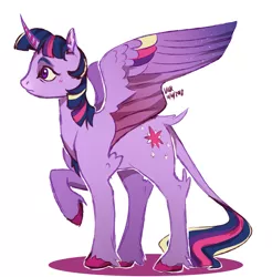 Size: 2682x2730 | Tagged: safe, artist:polyaplanets, derpibooru import, twilight sparkle, twilight sparkle (alicorn), alicorn, classical unicorn, pony, colored hooves, curved horn, female, leonine tail, mare, profile, rainbow power, raised hoof, simple background, solo, spread wings, unshorn fetlocks, white background, wings