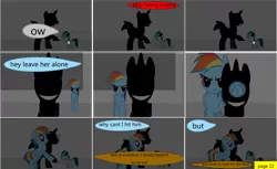 Size: 4465x2732 | Tagged: 1000 hours in ms paint, abuse, artist:closingrain, artist:mellowbomb, cattle prod, comic, comic:calamity fateful, derpibooru import, dialogue, oc, oc:closingrain, rainbow dash, semi-grimdark