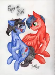 Size: 2427x3339 | Tagged: safe, artist:shamy-crist, derpibooru import, oc, oc:bright, oc:shamy, unofficial characters only, pegasus, pony, unicorn, bramy, female, high res, male, mare, sitting, stallion, traditional art