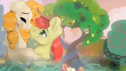 Size: 1920x1080 | Tagged: safe, artist:scarlettnovel, derpibooru import, apple bloom, applejack, big macintosh, bright mac, grand pear, granny smith, pear butter, pony, the perfect pear, apple tree, brightbutter, female, intertwined trees, male, pear tree, shipping, straight, tree, wallpaper