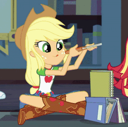 Size: 409x406 | Tagged: safe, derpibooru import, screencap, applejack, sci-twi, sunset shimmer, twilight sparkle, equestria girls, equestria girls series, the finals countdown, animated, binder, book, cropped, cute, jackabetes, notebook, shoes, sneakers, solo focus, stacking, tongue out