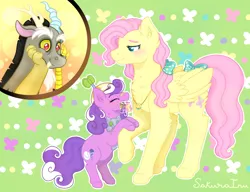 Size: 1024x788 | Tagged: safe, artist:sakurainu2715, derpibooru import, discord, fluttershy, screwball, pegasus, pony, adopted offspring, bow, discoshy, family photo, female, hair bow, looking at something, male, mama fluttershy, mother and daughter, mouth hold, photo, plushie, shipping, smiling, straight, tail bow