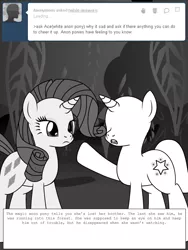 Size: 600x800 | Tagged: safe, artist:dekomaru, derpibooru import, rarity, pony, unicorn, tumblr:ask twixie, anon pony, ask, diamondstuck, everfree forest, monochrome, tumblr