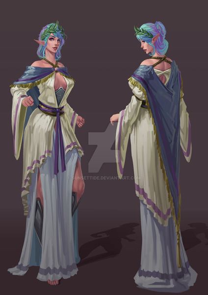 Size: 1024x1449 | Tagged: alternate hairstyle, ancient greece, artist:sunset tide, barefoot, derpibooru import, elf ears, feet, female, greek, human, humanized, laurel wreath, looking at you, obtrusive watermark, princess celestia, queen, queen celestia, rear view, safe, simple background, smiling, solo, unicorns as elves, watermark, woman