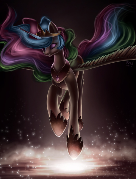 Size: 1600x2100 | Tagged: safe, artist:foughtdragon01, derpibooru import, princess celestia, alicorn, eyes closed, female, flying, horn, jewel, jewelry, mare, solo, sparkles, tiara, wings