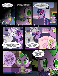 Size: 1275x1650 | Tagged: safe, artist:dsana, derpibooru import, spike, trixie, twilight sparkle, twilight velvet, dragon, gryphon, pony, comic:the shadow shard, baby, baby spike, book, coffee, comic, donut, female, filly, filly twilight sparkle, flashback, food, marshmallow, younger