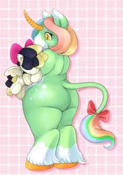 Size: 846x1200 | Tagged: safe, artist:slimefur, derpibooru import, songbird serenade, oc, anthro, classical unicorn, pegasus, unicorn, my little pony: the movie, abstract background, ass, bow, butt freckles, chubby, cloven hooves, curved horn, ear fluff, female, freckles, hair bow, leonine tail, mare, plushie, smiling, solo, tail bow, unshorn fetlocks