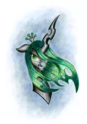 Size: 2220x3130 | Tagged: artist:nightpaint12, bust, changeling, changeling queen, derpibooru import, evil grin, female, grin, portrait, queen chrysalis, safe, smiling, solo, traditional art