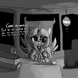 Size: 1271x1271 | Tagged: safe, artist:tjpones, derpibooru import, twilight sparkle, twilight sparkle (alicorn), alicorn, cyborg, pony, augmented, clothes, dialogue, female, grayscale, looking at you, mare, monochrome, office, older, sitting, solo, talking to viewer